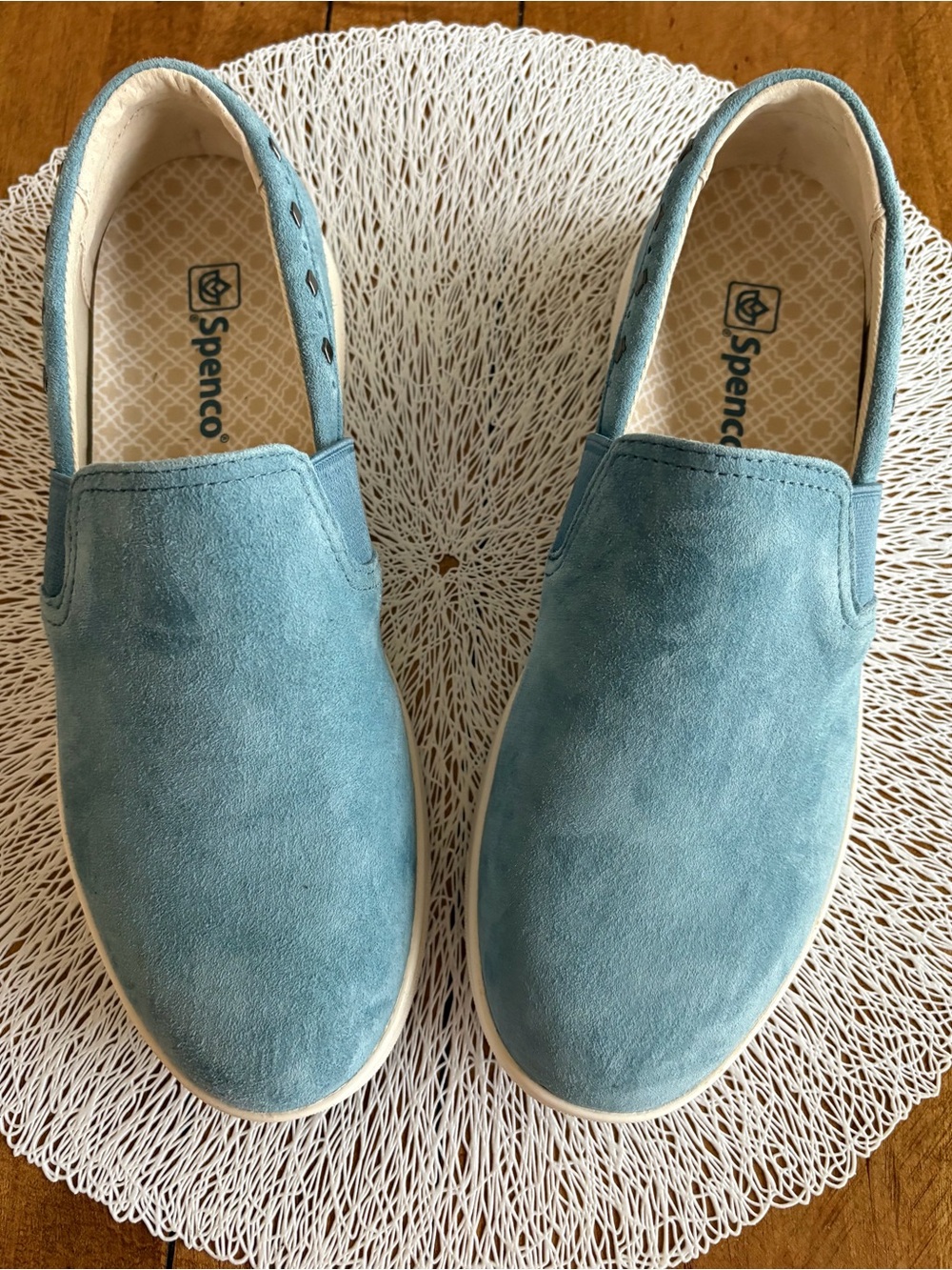 NWT Women’s Spenco Santa Barbara Rivet Suede Slip On Sneakers Blue Stone Sz 8